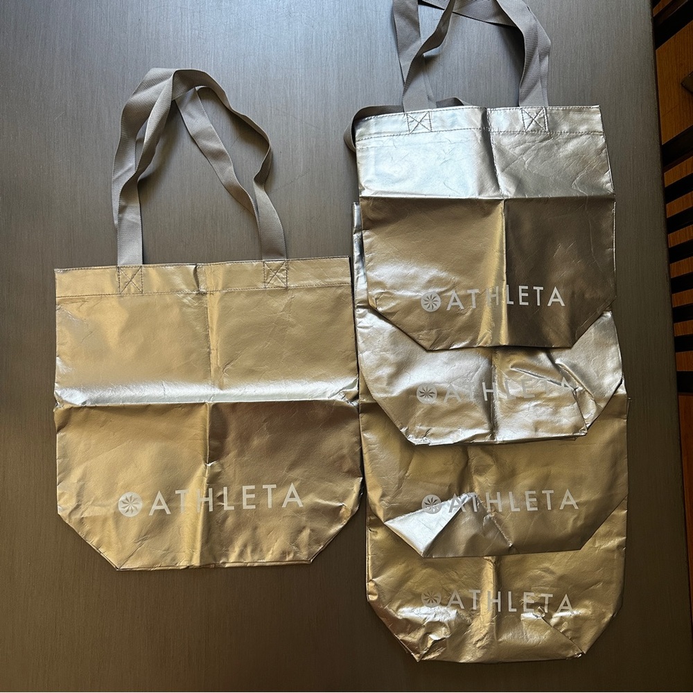 Set of 5 Athleta Silver Shoppers Reusable Shopping Bags Totes